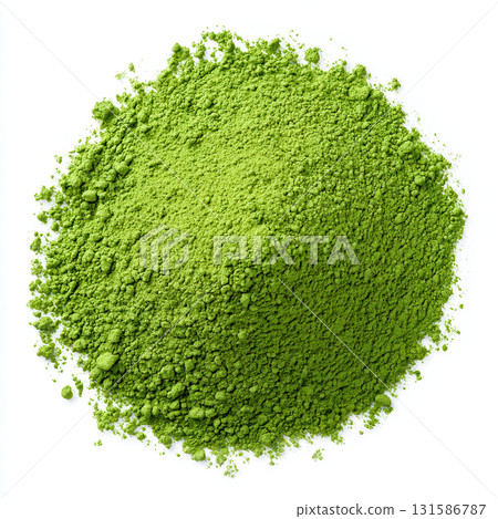 Matcha powder pile green tea ingredient fine grain texture isolated on white background, vibrant and fresh, perfect for drinks and desserts 131586787