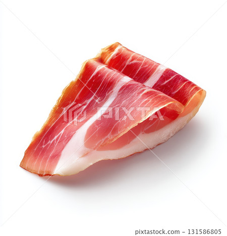 Prosciutto slice cured meat pork isolated white background realistic lighting Savory prosciutto slice with marbled fat cured pork meat isolated white background realistic lighting appetizing Prosciutto slice cured meat pork isolated white background realistic lighting Savory prosciutto slice with marbled fat cured pork meat isolated white background realistic lighting appetizing 131586805