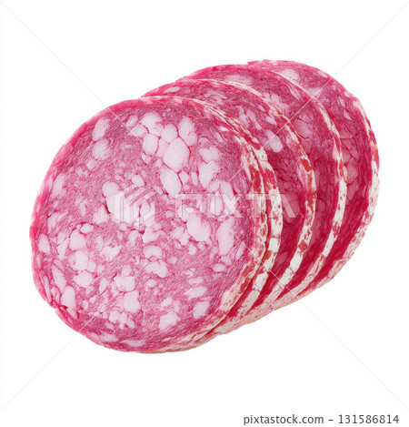 Sliced sausage deli meat with visible fat marbling, arranged in overlapping layers, isolated on white background, high detail, fresh and appetizing appearance Sliced sausage deli meat with visible fat marbling, arranged in overlapping layers, isolated on white background, high detail, fresh and appetizing appearance 131586814
