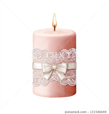 Watercolor valentine candle with delicate lace ribbon and bow, soft pink color, romantic and elegant decoration for celebration or gift, warm gentle flame, isolated on white background 131586849