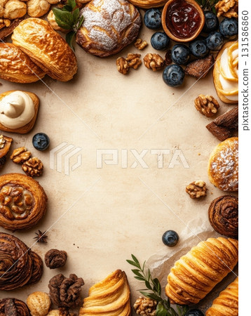 Delectable pastries and desserts arrangement bakery food photography warm lighting aesthetic focus 131586860