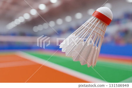 Shuttlecock badminton court indoor sport feather closeup equipment game competition create dynamic and energetic atmosphere this detailed of shuttlecock flying over colorful badminton court 131586949