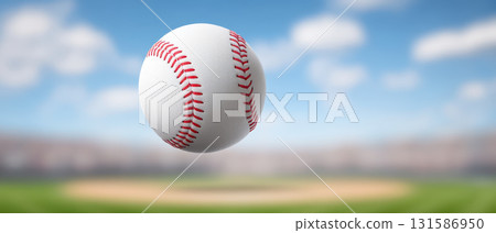 Baseball sport field stadium outdoor sky summer competition game recreation excitement. close up baseball hovers in focus with blurred stadium background evoking energy and anticipation 131586950
