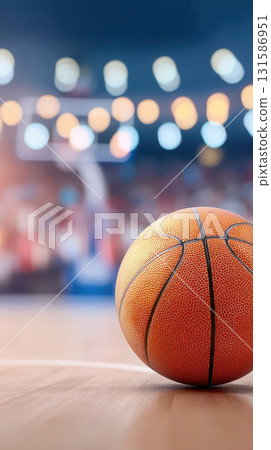 Basketball court closeup sport orange leather indoor hoop blurred background focus game competition athletic wood floor net light bokeh arena equipment 131586951