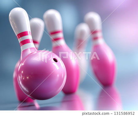 Pink bowling ball sport equipment with matching pink bowling pins on shiny surface, creating playful and energetic atmosphere for indoor recreation and competition 131586952