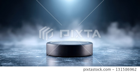 Hockey puck sport ice cold black round object on frozen rink with dramatic lighting and misty background for winter competition concept 131586962