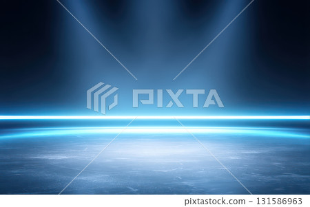 Ice rink spotlight abstract arena background blue illuminated empty cold sport. glowing blue ice rink under dramatic spotlights creates dynamic energetic and modern sports atmosphere 131586963