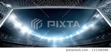 Ultra wide panoramic view of soccer goal post and net under bright stadium lights, capturing excitement and anticipation of night football match in large arena Ultra wide panoramic view of soccer goal post and net under bright stadium lights, capturing excitement and anticipation of night football match in large arena 131586986