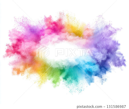 Colorful sport powder explosion with vibrant cloud in rainbow hues, isolated on white background, creating energetic and dynamic abstract art for festival or celebration event Colorful sport powder explosion with vibrant cloud in rainbow hues, isolated on white background, creating energetic and dynamic abstract art for festival or celebration event 131586987