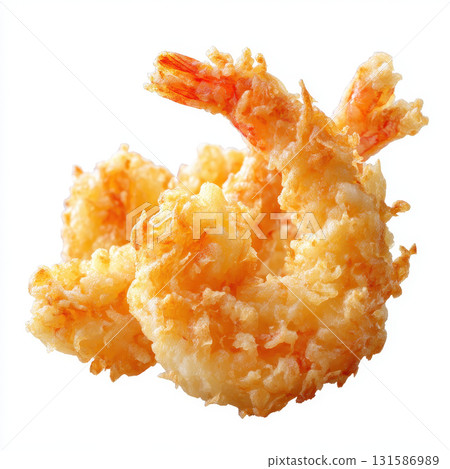 Shrimp tempura with golden crisp batter, detailed texture, Japanese fried seafood, appetizing and crunchy, isolated on white background 131586989