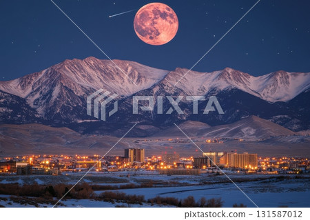 Stunning supermoon over mountain town colorado night scene scenic view nature's beauty 131587012