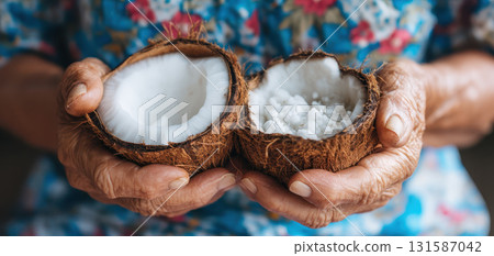 Elderly hands gently holding split coconut, symbolizing longevity, tropical fruit, healthy nutrition, natural lifestyle, and traditional wisdom, evoking warmth and care 131587042