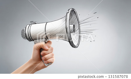 Hand holding sketch style megaphone with sound lines on gray background, concept of announcement, communication, alert, and spreading information with energetic expression Hand holding sketch style megaphone with sound lines on gray background, concept of announcement, communication, alert, and spreading information with energetic expression 131587078