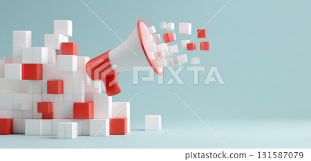 Red and white megaphone with cubes flying out, symbolizing communication, announcement, and spreading information in creative and modern style on blue background Red and white megaphone with cubes flying out, symbolizing communication, announcement, and spreading information in creative and modern style on blue background 131587079