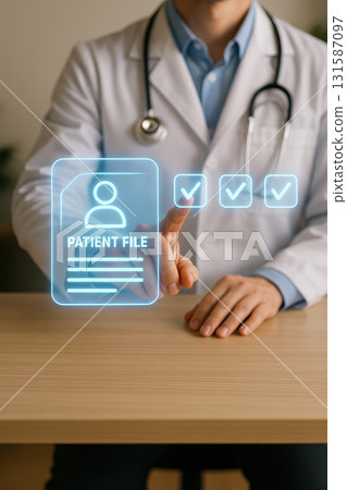 Ai driven health interface concept with doctor using futuristic digital patient file system for efficient medical record management and secure healthcare data access 131587097