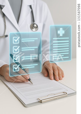 Ai driven health interface concept with doctor filling medical form on clipboard futuristic checklist and digital health record icons 131587098