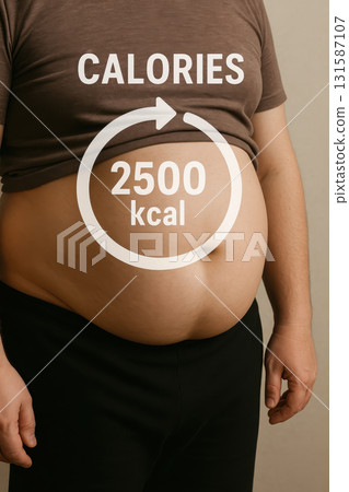 Overweight stomach calorie infographic 2500 kcal adult male health nutrition obesity body fat closeup standing brown shirt black pants human diet lifestyle healthcare weight abdomen waist torso 131587107