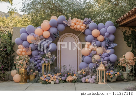 Festive outdoor balloon arch decor for elegant celebrations in serene venues 131587118