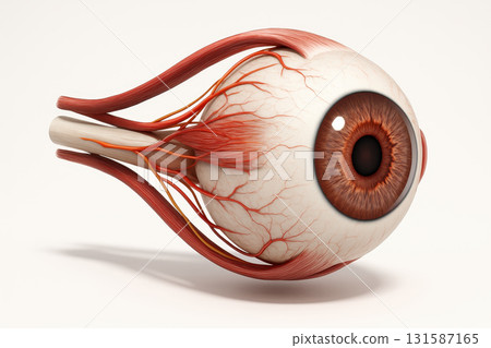 Detailed 3D rendering of human eye anatomy isolated with visible muscles, veins, and optic nerve, realistic medical illustration, educational and scientific visual 131587165