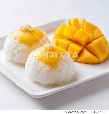 Mango sticky rice sweet coconut rice fresh ripe mango traditional Thai dessert served on white plate tropical delicious summer treat Asian cuisine appetizing presentation Mango sticky rice sweet coconut rice fresh ripe mango traditional Thai dessert served on white plate tropical delicious summer treat Asian cuisine appetizing presentation 131587195
