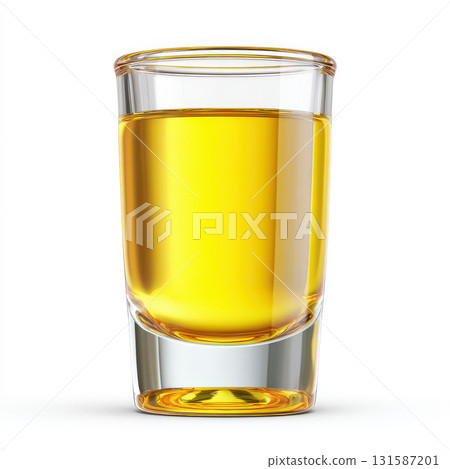 Shot glass of olive oil with golden hue clear glass isolated on white background healthy ingredient Mediterranean cuisine fresh vibrant reflective surface closeup 131587201