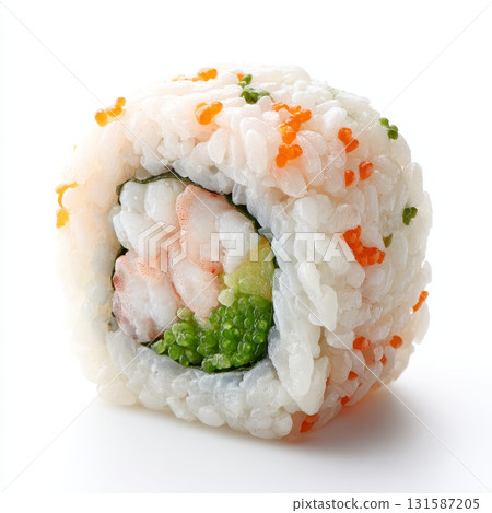 Sushi roll cross section with real rice shrimp avocado seaweed fish roe and cucumber vibrant colors fresh ingredients Japanese cuisine isolated on white background Sushi roll cross section with real rice shrimp avocado seaweed fish roe and cucumber vibrant colors fresh ingredients Japanese cuisine isolated on white background 131587205