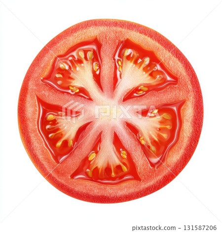 Fresh tomato slice vegetable element with juicy texture, vibrant red color, and visible seeds, perfect for healthy food, salad, or cooking ingredient concepts 131587206