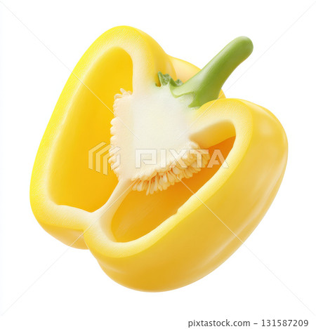 Yellow bell pepper slice vegetable isolated on white background, showing fresh, juicy texture and seeds, perfect for healthy food, cooking, and nutrition concepts 131587209