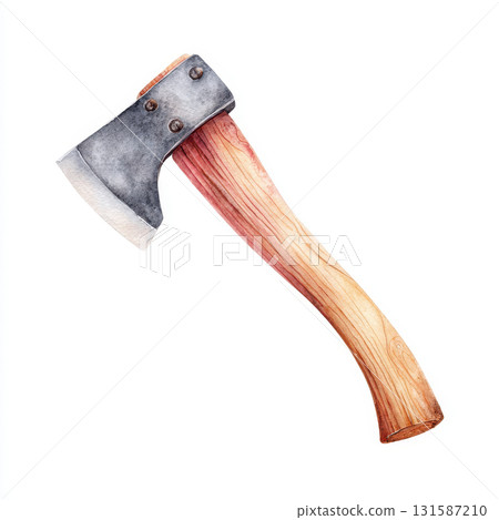 Watercolor axe with wooden handle camping gear hand tool metal blade rustic outdoor equipment survival woodwork illustration isolated on white 131587210
