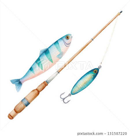 Watercolor fishing rod, lure, and fish illustration showing camping activity, outdoor adventure, and recreational angling with wooden handle and realistic details 131587220