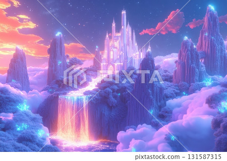 Majestic castle and waterfall fantasy realm digital art colorful clouds dreamy perspective 131587315