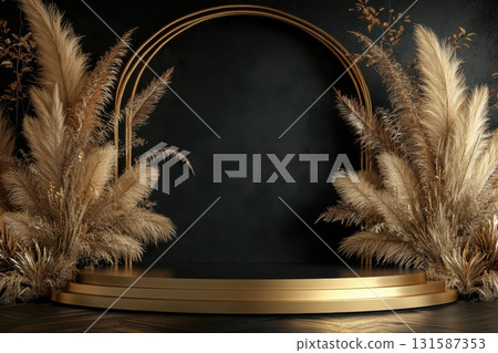 Elegant golden arch display with pampas grass modern event space luxurious setting artistic view Elegant golden arch display with pampas grass modern event space luxurious setting artistic view 131587353