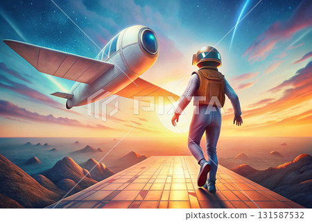 Ready to flight.Astronaut pilot heads towards the spaceship.Human aspirations Ready to flight.Astronaut pilot heads towards the spaceship.Human aspirations 131587532