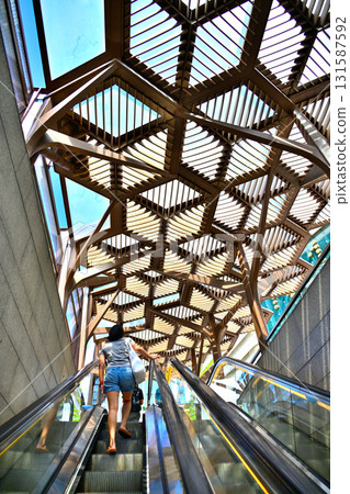 Back view of a woman ascending on an escalator 131587592