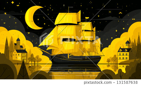 AI-generated image in flat illustration style of a majestic sailing ship sailing under a yellow crescent moon 131587638