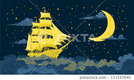 AI-generated image in flat illustration style of a majestic sailing ship sailing under a yellow crescent moon 131587640