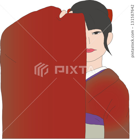A woman in a red furisode kimono hiding one eye with her sleeve A woman in a red furisode kimono hiding one eye with her sleeve 131587642
