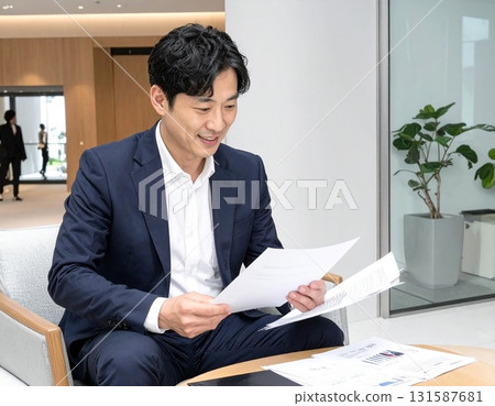 一位 40 多歲的日本商人在大廳開會前檢查文件 131587681