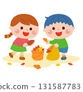 Illustration of children picking up fallen leaves 131587783
