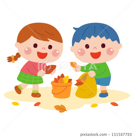 Illustration of children picking up fallen leaves 131587783