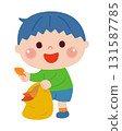 Illustration of a boy picking up fallen leaves 131587785