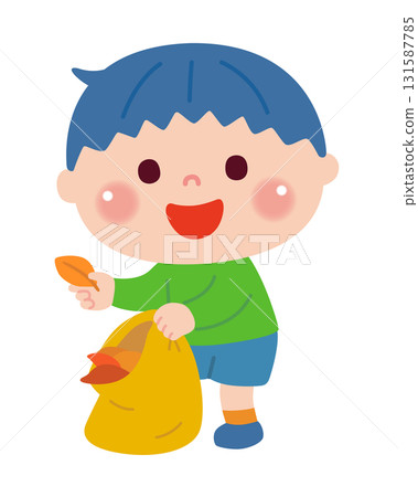 Illustration of a boy picking up fallen leaves 131587785