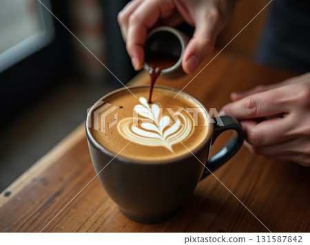 Barista's hands drip espresso from a tiny steel shot glass onto a fresh, symmetrical tulip latte art design. 131587842