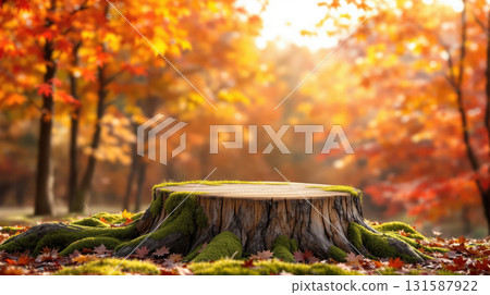 Tree stump podium autumn forest golden sunlight wooden platform nature display Tree stump podium autumn forest golden sunlight wooden platform nature display 131587922