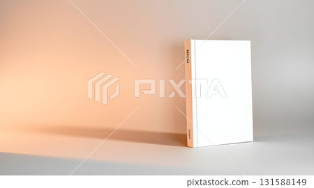 An empty white room with an open door leads to a blank 3D box template on a white background. 131588149