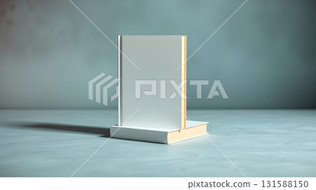 An empty white room with an open door leads to a blank 3D box template on a white background. 131588150