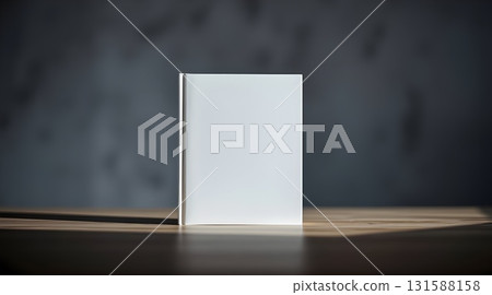 An empty white room with an open door leads to a blank 3D box template on a white background. 131588158