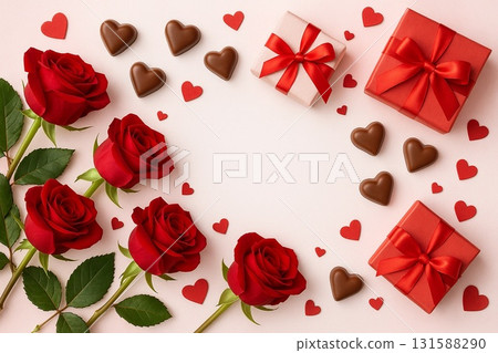 Flat lay of Valentine's gifts and red roses Flat lay of Valentine's gifts and red roses 131588290