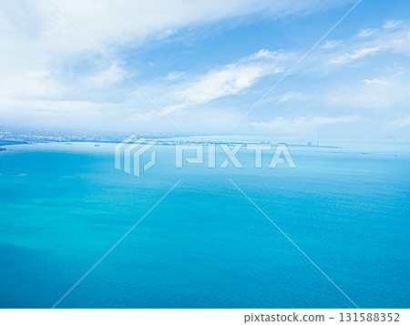 Blue Sea and Sky Background Wave Water Shore Ocean Beautiful Seascape Wallpaper for Tourism Travel Vacation Relax Holidays, Nature Outdoor Tropical Season, Paradise Coast Island Natural Landscape Day. 131588352
