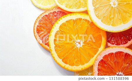 Fresh and vibrant cut citrus fruit close-up on white background 131588396